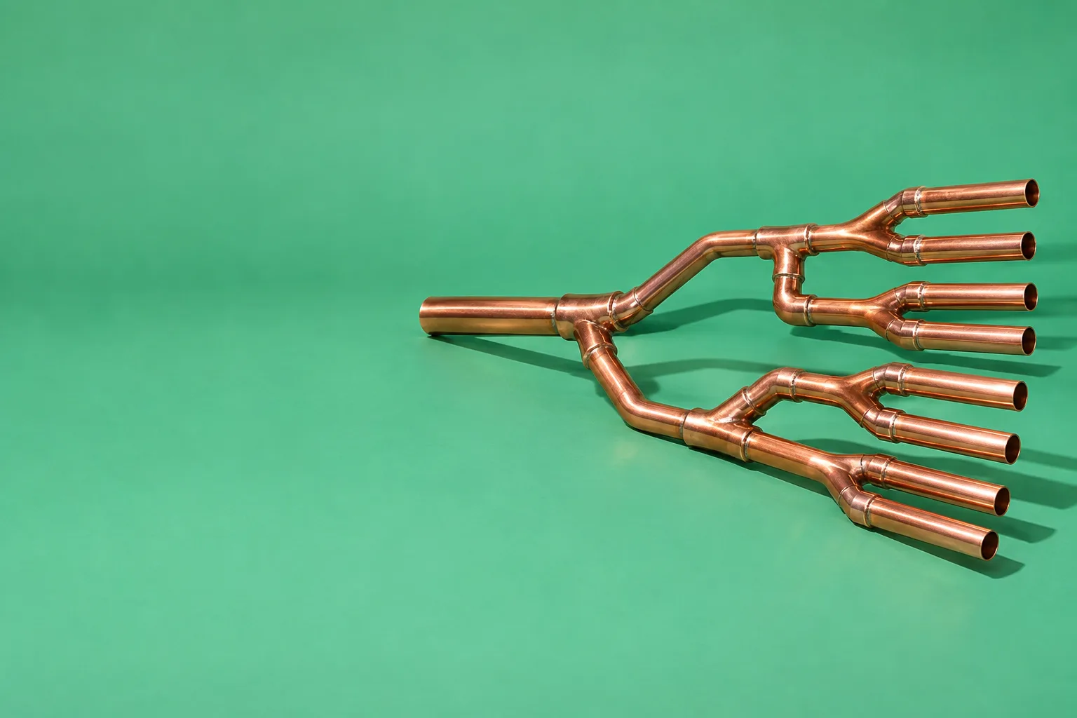One copper pipe branching through soldered joints into two, four and eight pipes, on a green floor