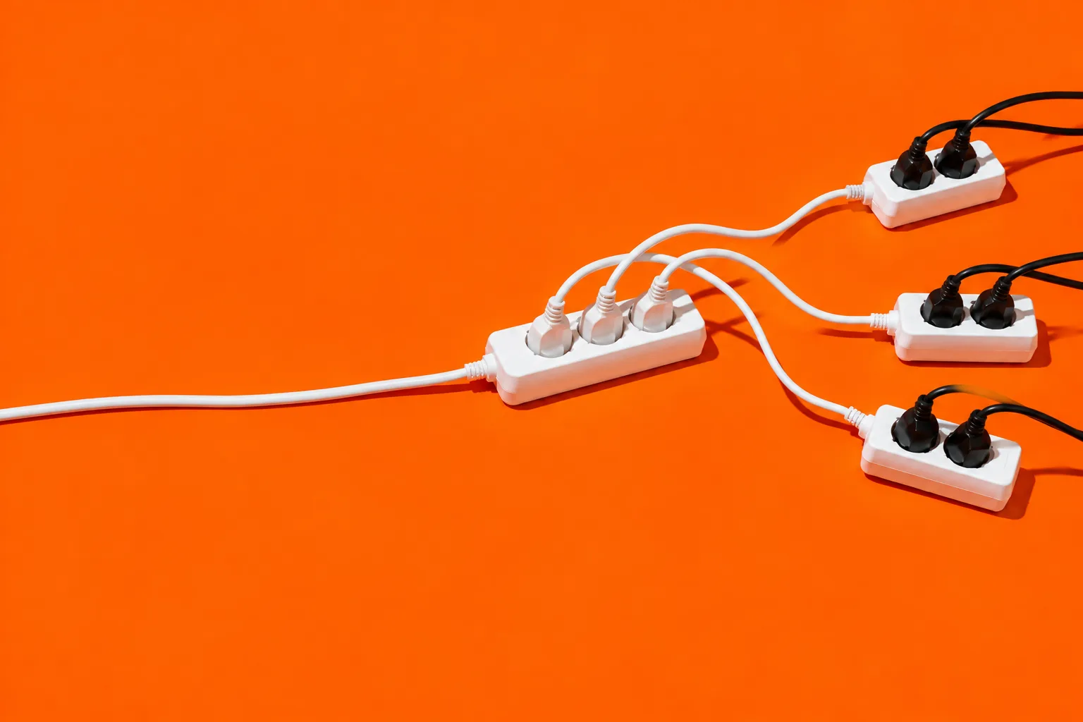 A white power strip feeding three smaller power strips, each full of plugs, on an orange floor
