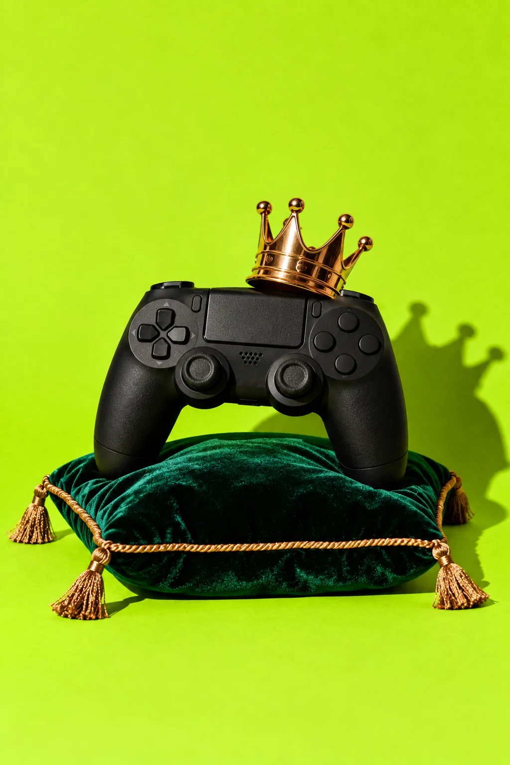 A game controller wearing a gold crown on a velvet cushion, for HELIX