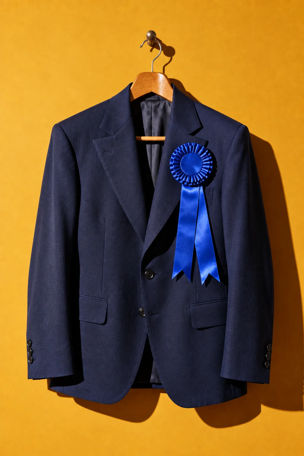 A navy suit jacket with a first-place rosette, for Monzato