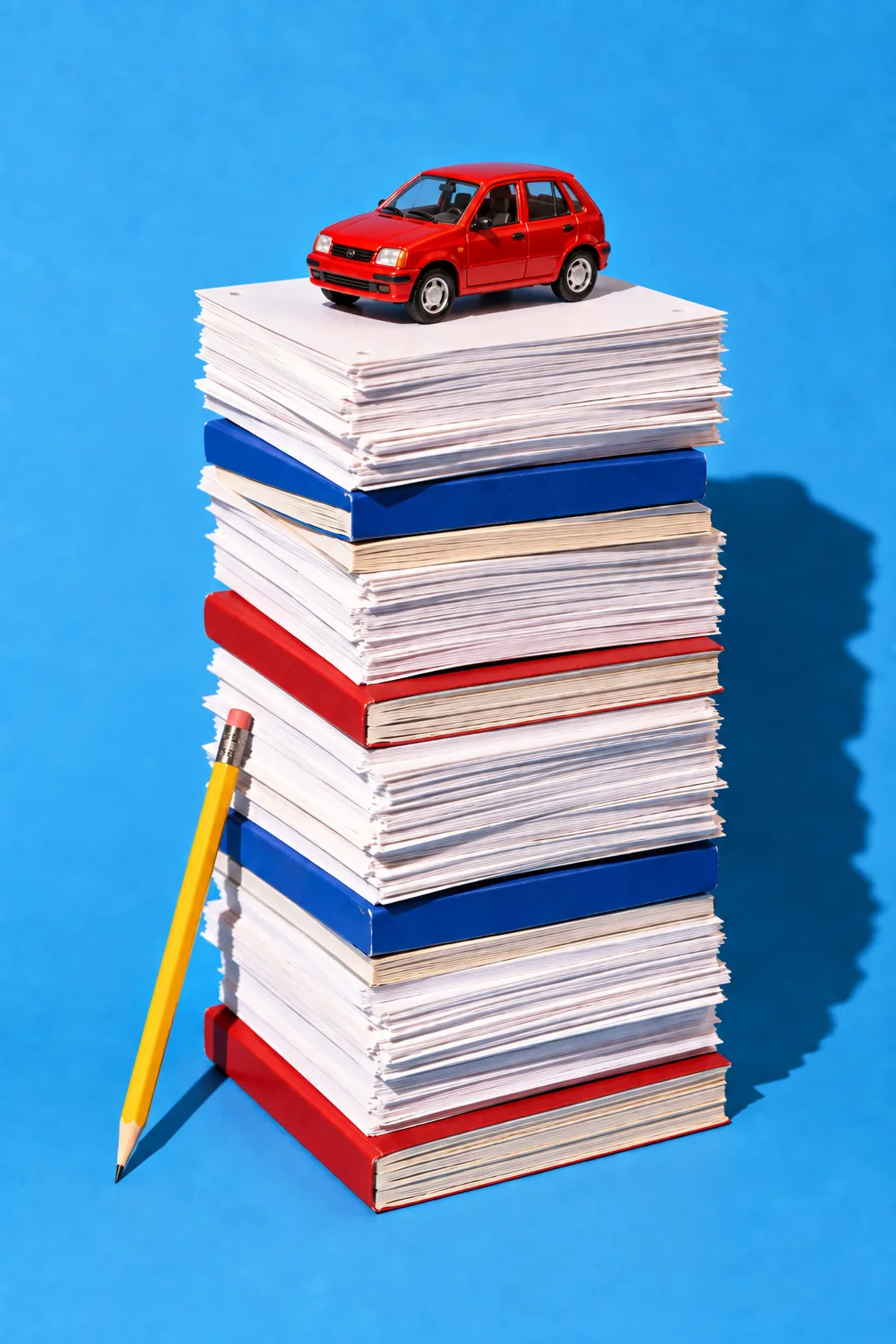 A red toy car on top of a tall stack of exam papers, for PTTI
