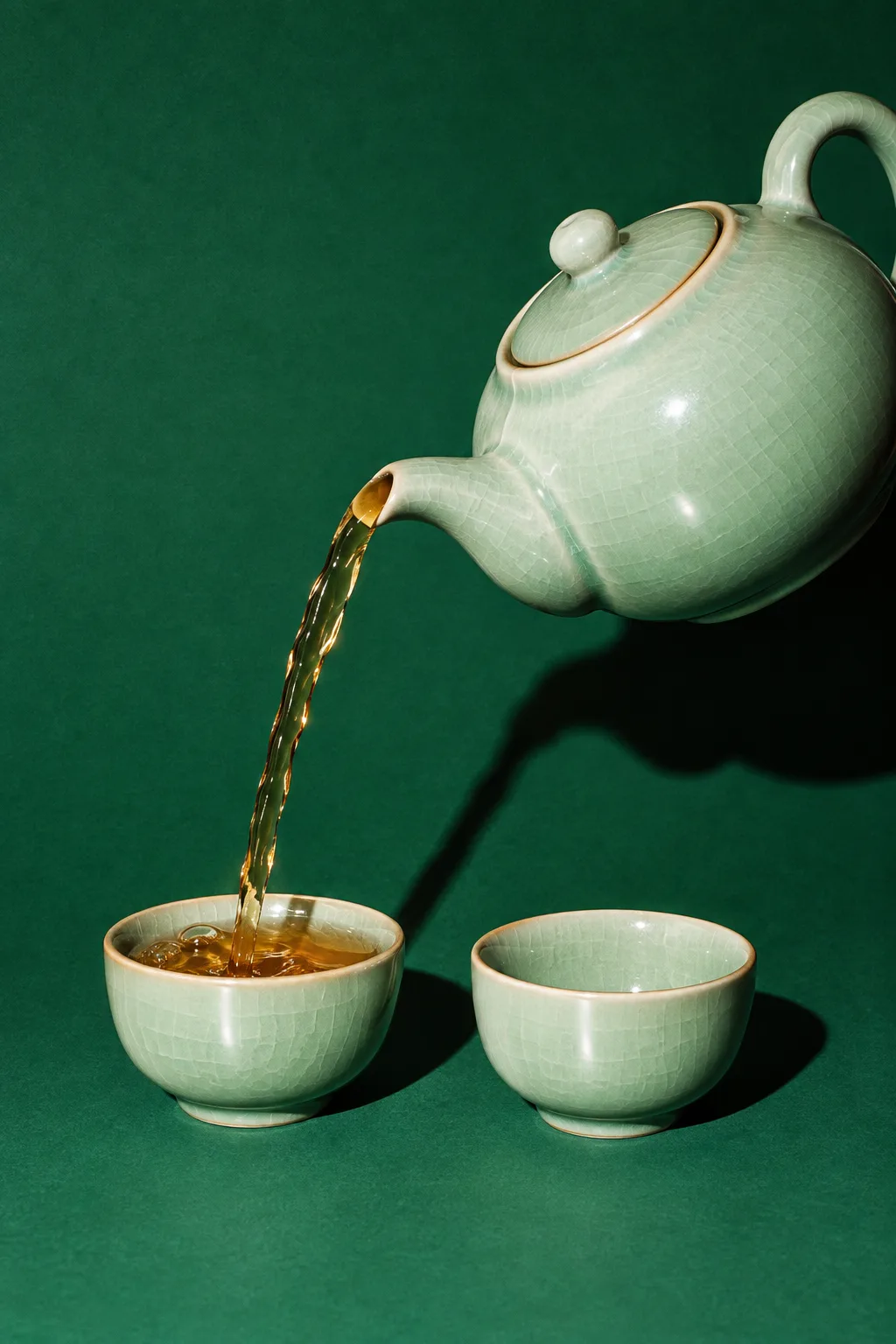 A celadon teapot pouring tea for two, for The China Guys