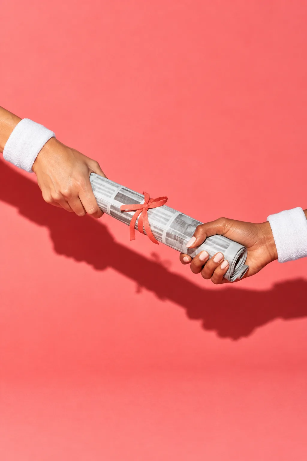 A rolled-up newsletter passed like a relay baton between two hands, for The GIST