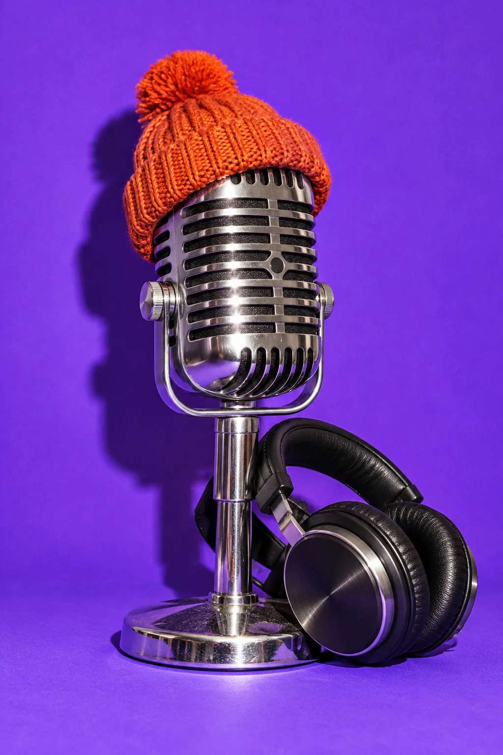 A vintage microphone wearing an orange beanie, for Truora