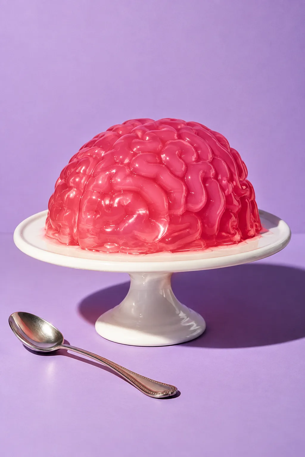 A pink jelly brain on a cake stand, for Unravel Research