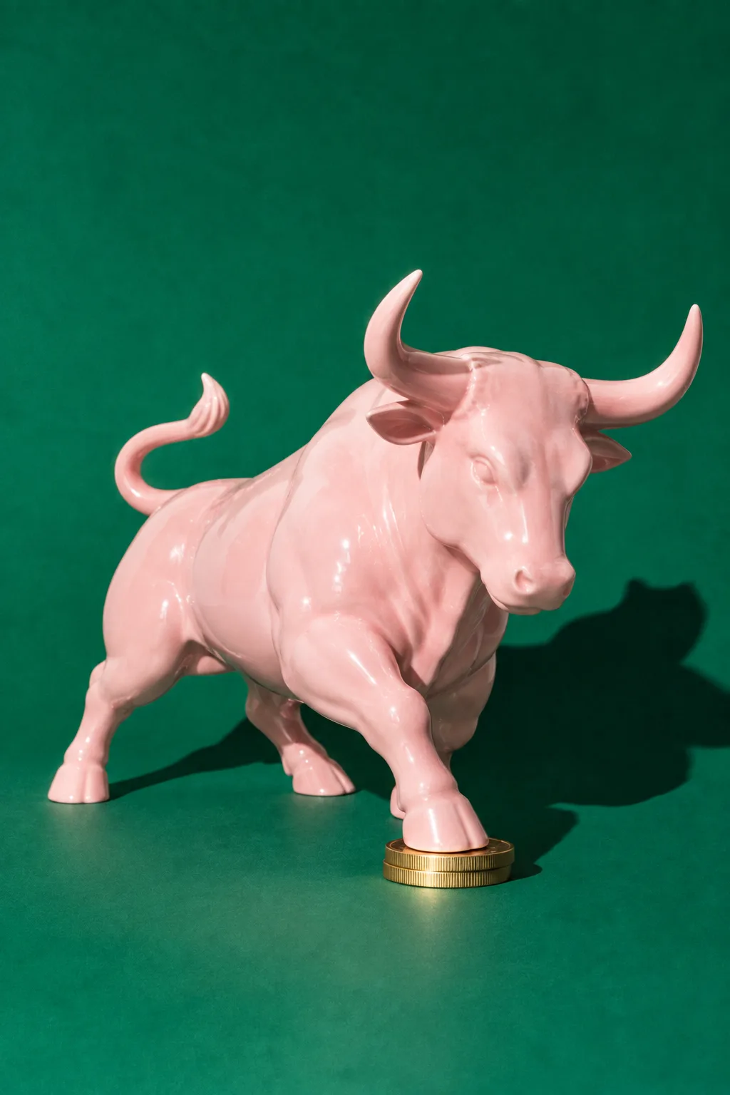 A pink porcelain bull with a gold coin underfoot, for Female Invest