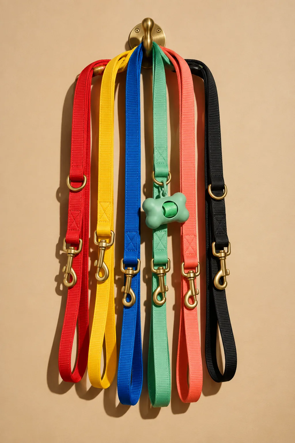 Six colourful dog leashes on one hook, for Mad Paws