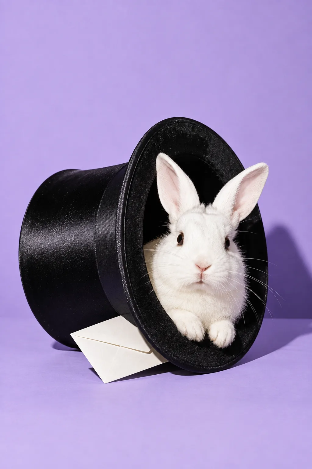 A white rabbit in a black top hat with an envelope, for Magic