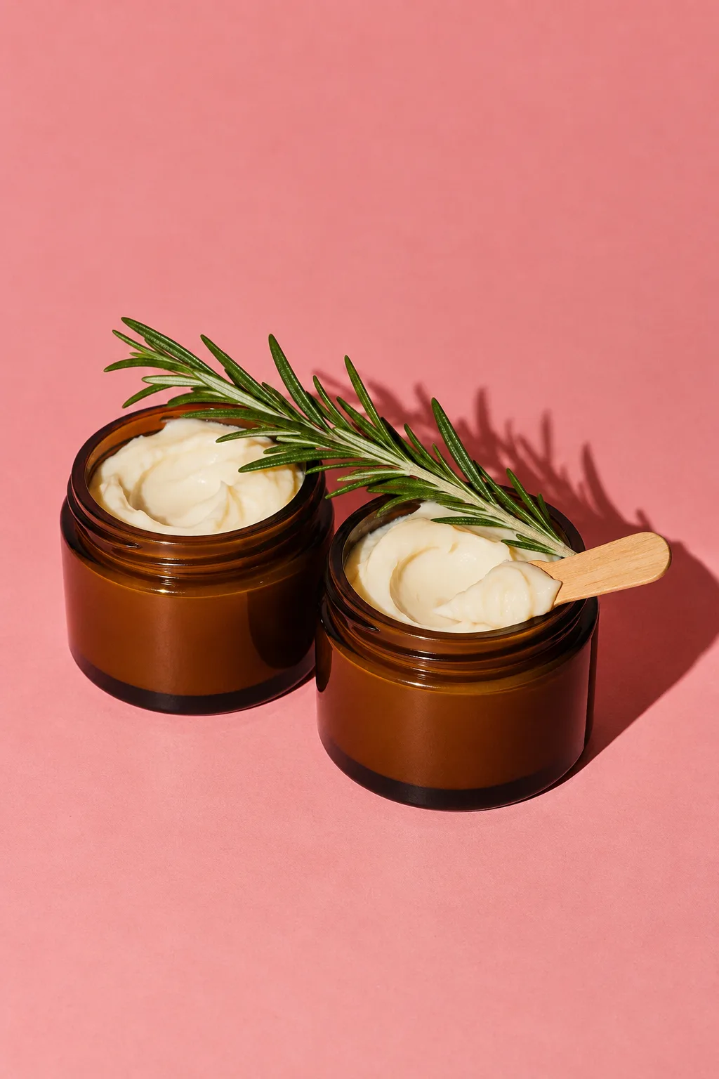 Two jars of body butter with a sprig of rosemary, for JUSU