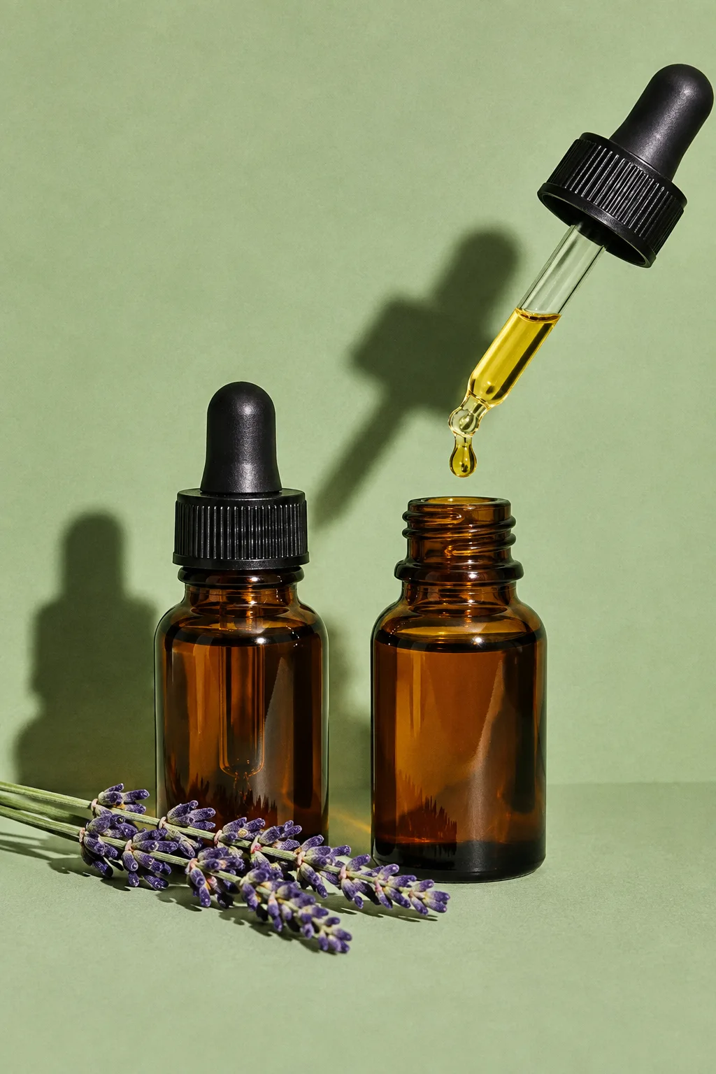 Two amber dropper bottles sharing one golden drop, for Rocky Mountain Oils