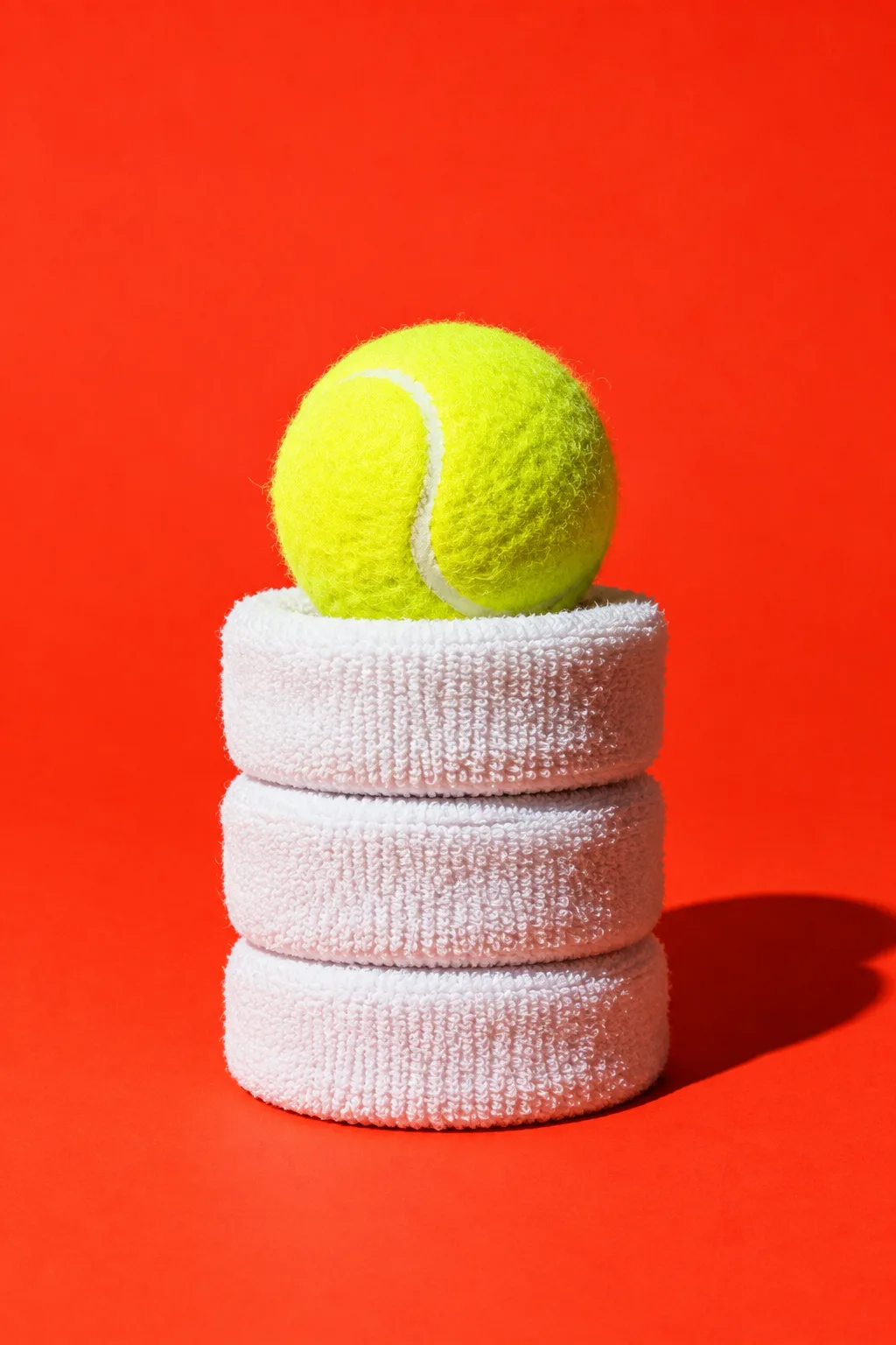 Three white sweatbands stacked with a tennis ball on top, for Temple Tape