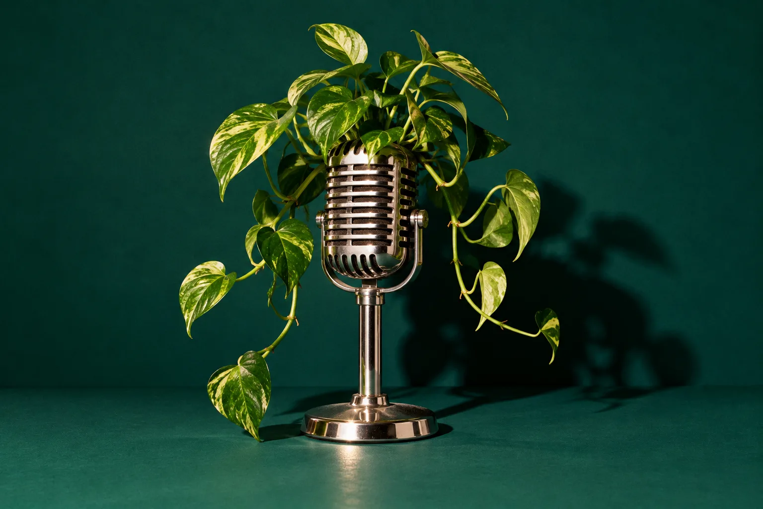 A plant growing out of a vintage stage microphone