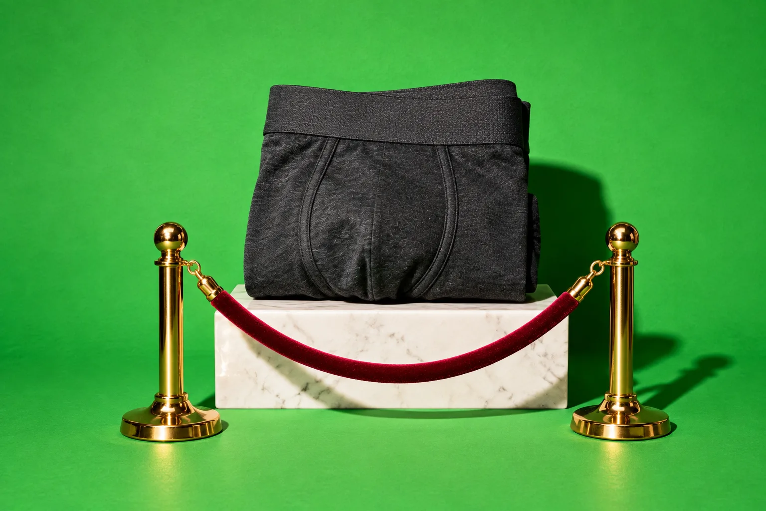 Folded boxer briefs on a marble plinth behind a velvet rope
