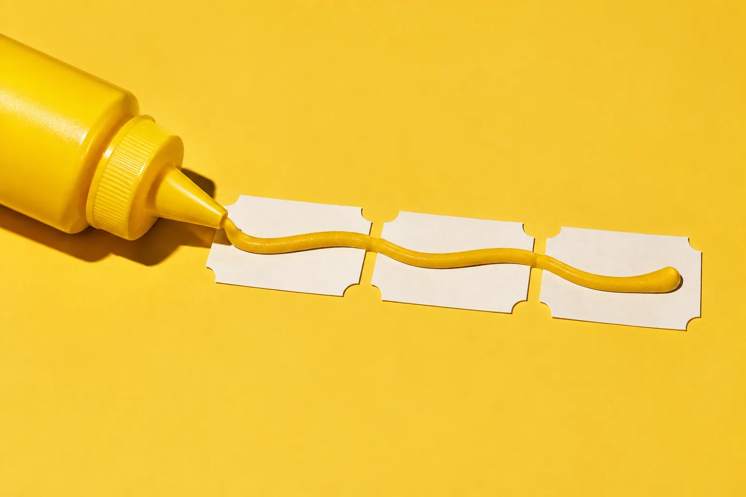 A mustard bottle signing a row of tickets with one yellow line