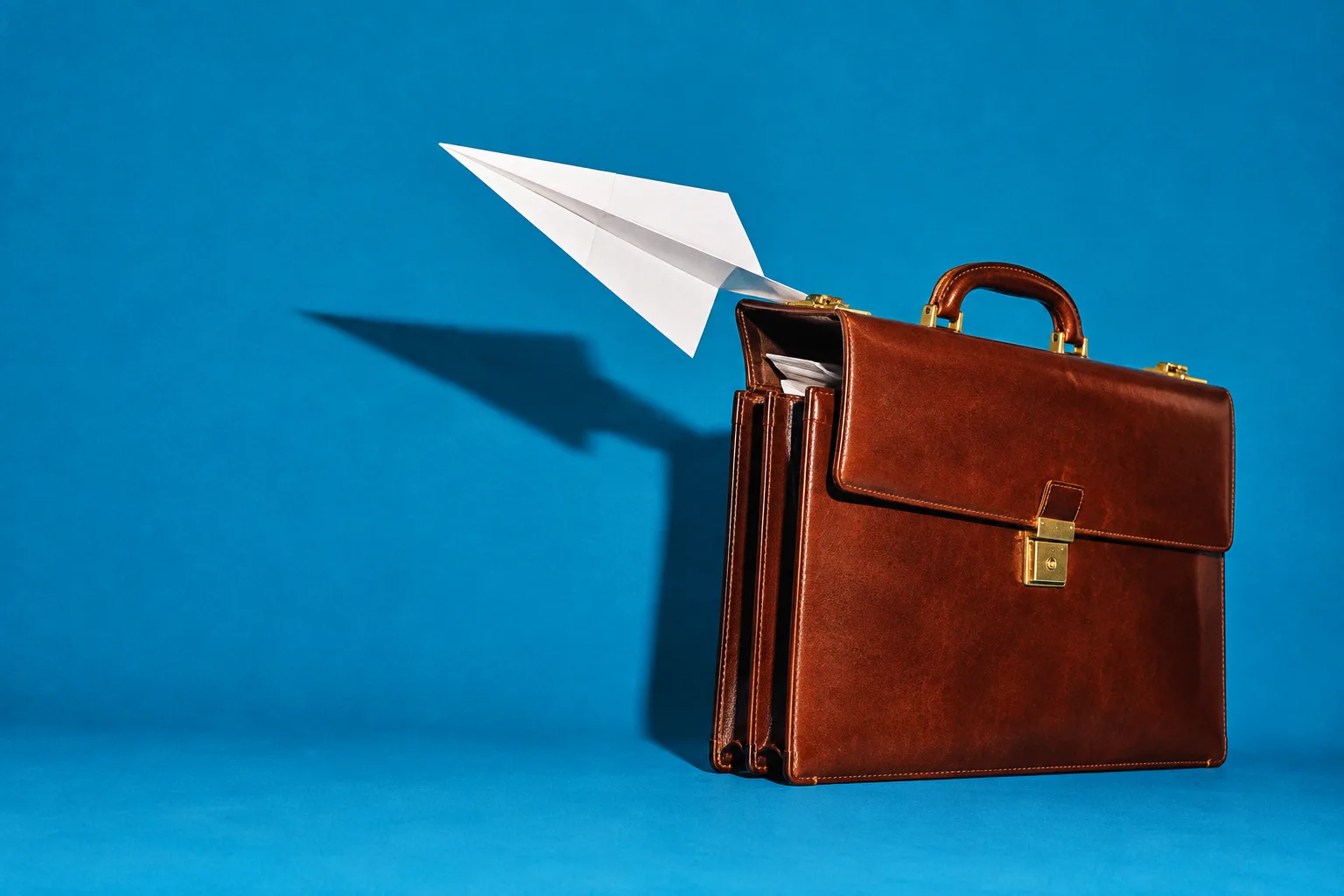 A CV folded into a paper plane, flying out of a leather briefcase