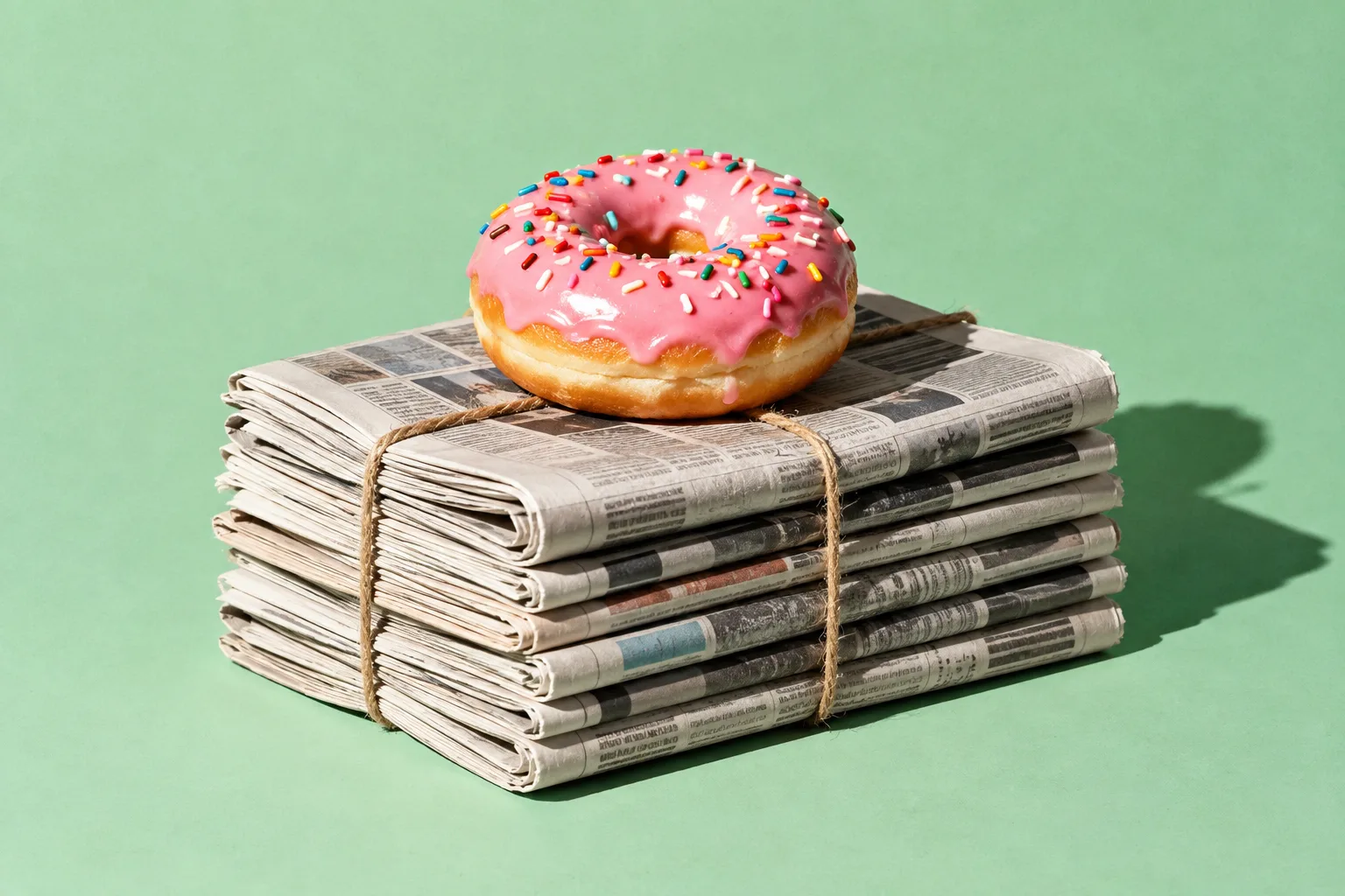 A pink glazed donut on a stack of newspapers tied with twine