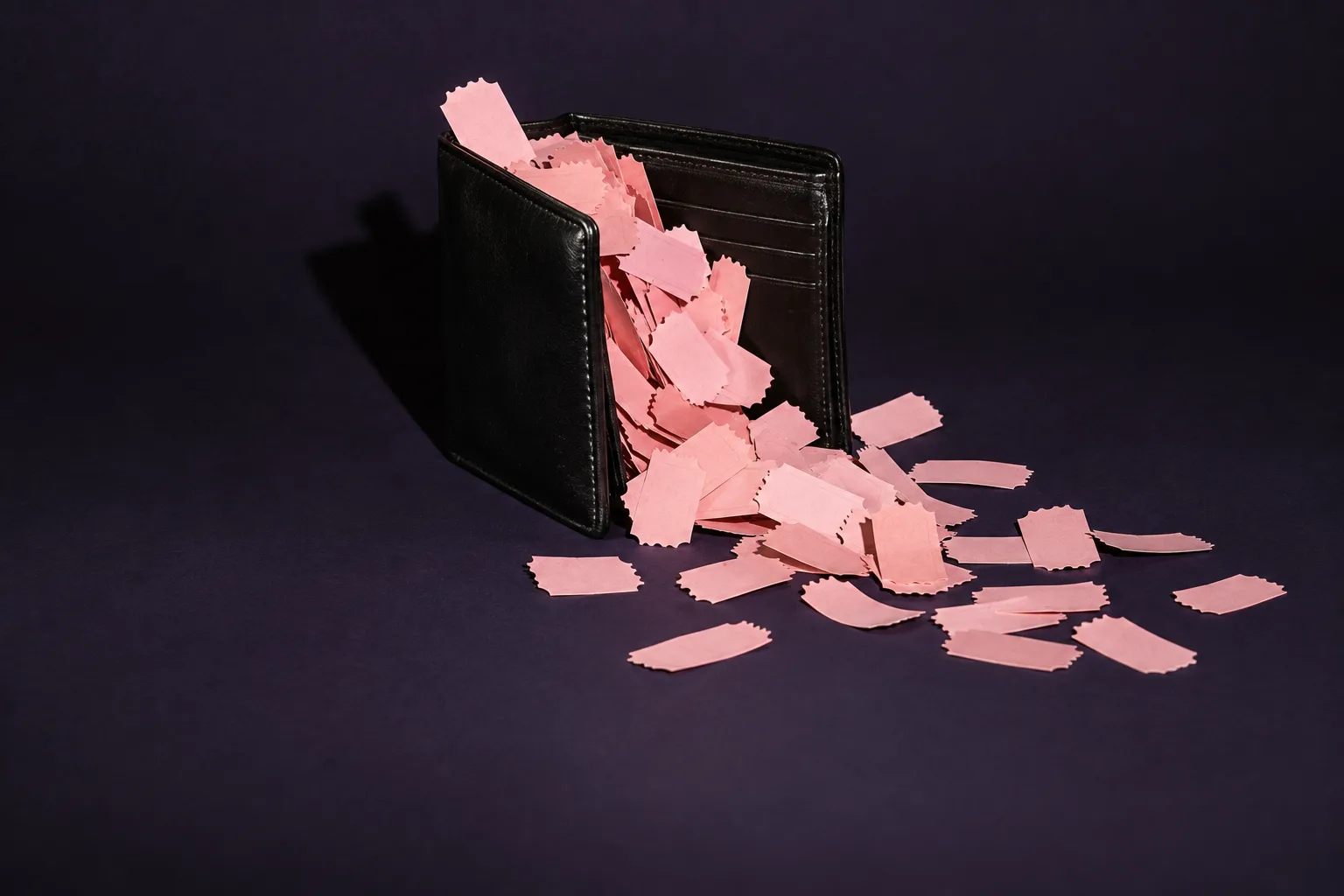 A black wallet overflowing with pink queue tickets