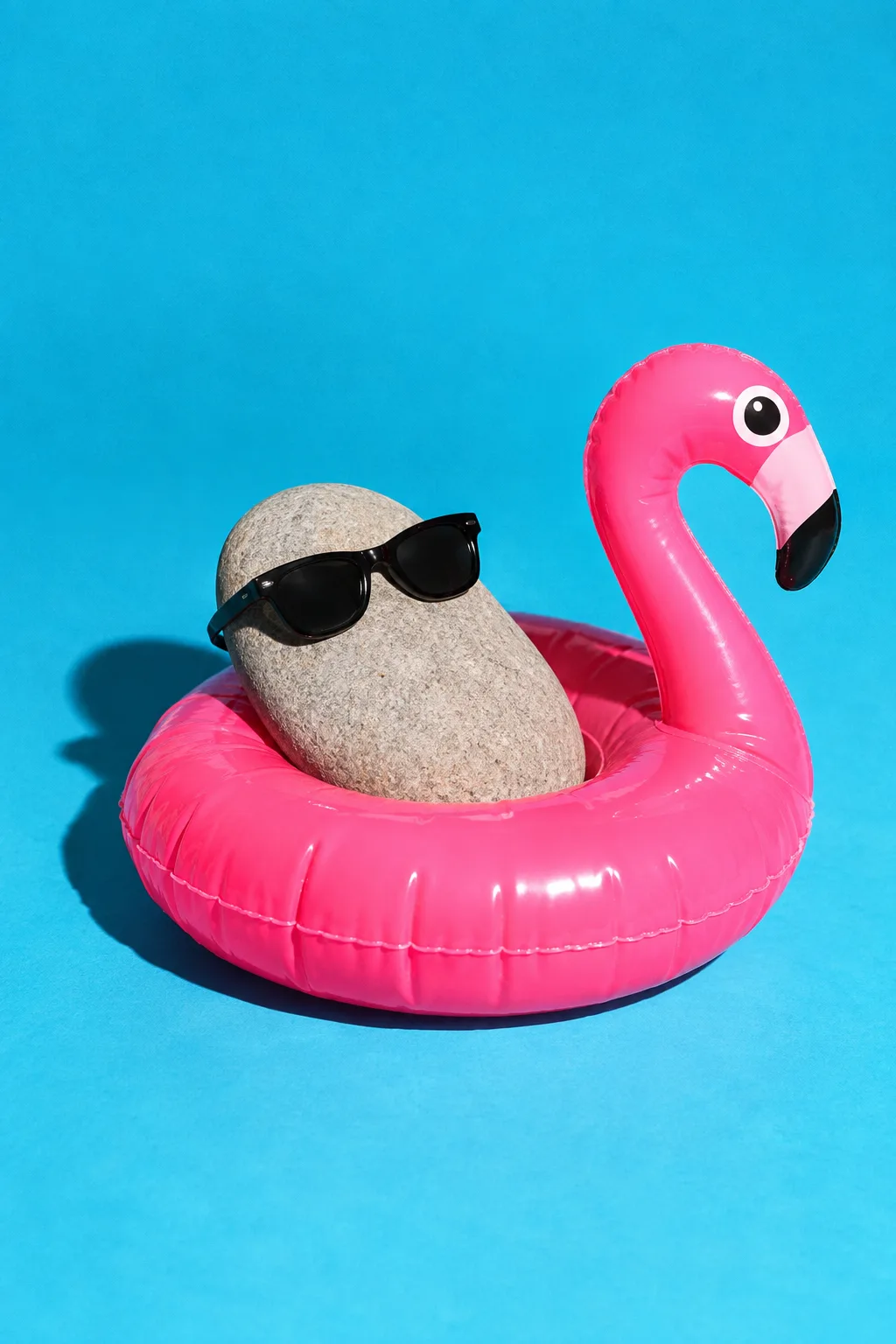 A rock in sunglasses on a flamingo pool float, for Ibiza Rocks