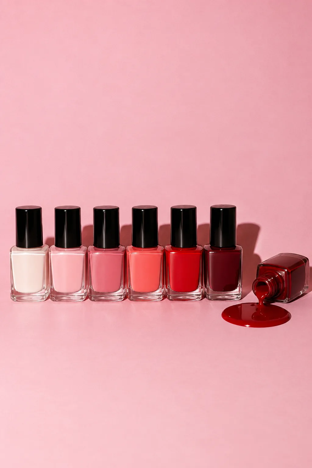 A gradient row of nail polish bottles, the last one tipped over, for INGLOT