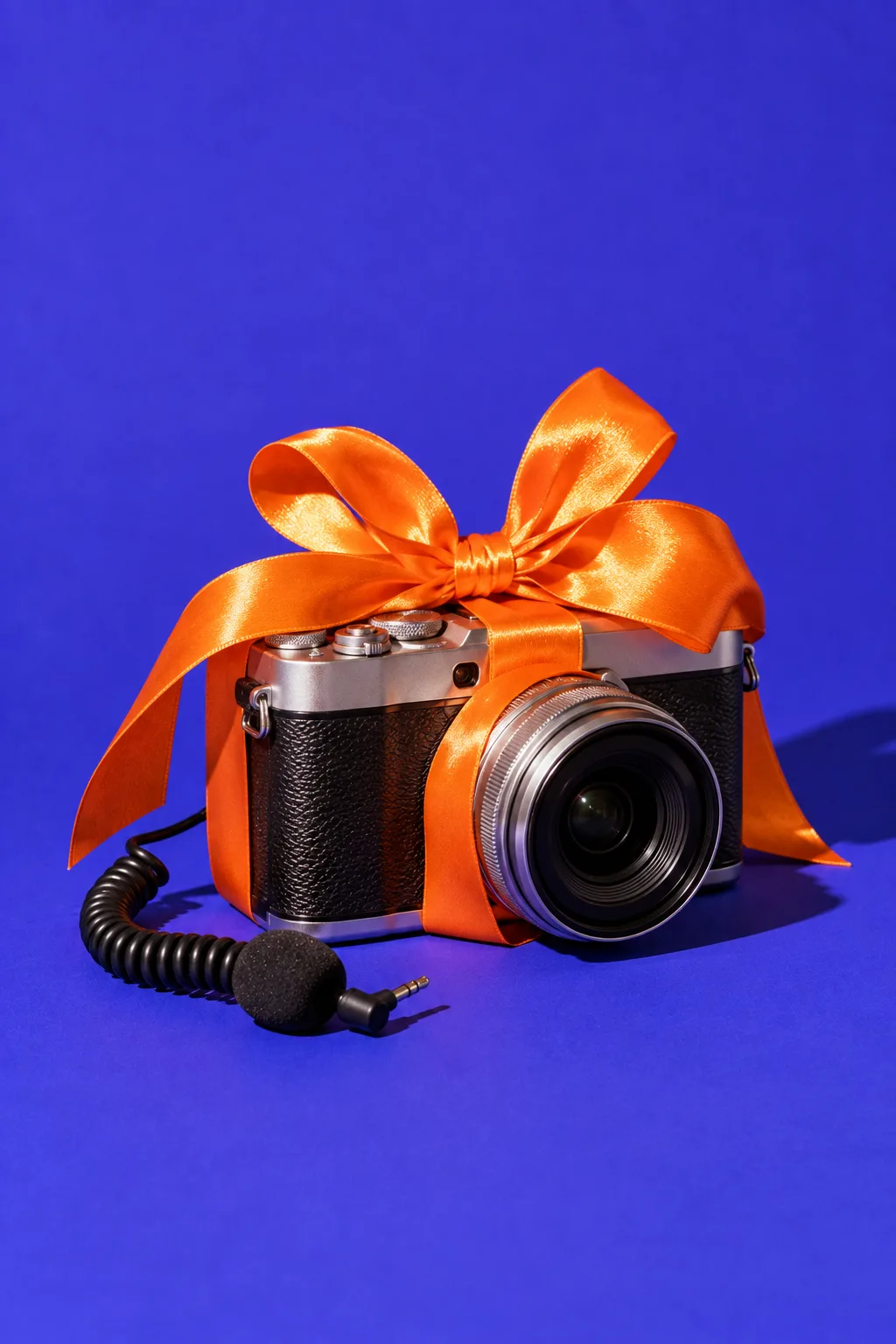 A camera wrapped in an orange satin bow, for Senja