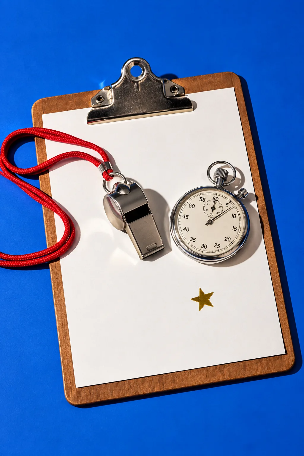 A coach’s whistle and stopwatch on a clipboard with a gold star, for ActionCOACH
