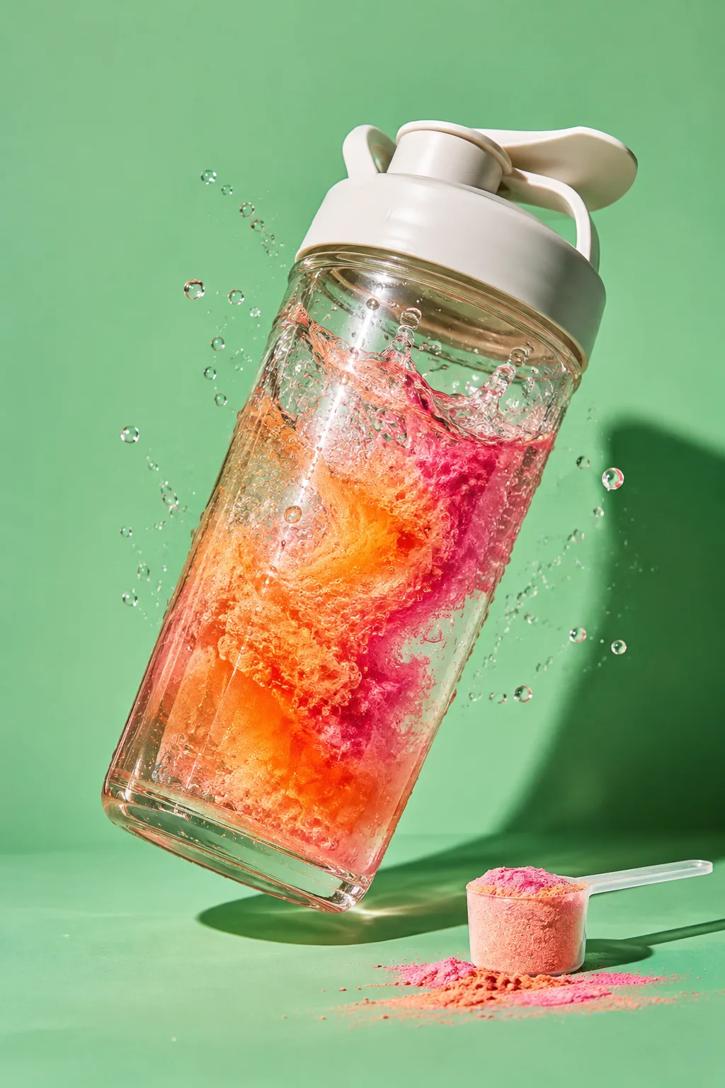 A shaker bottle swirling with orange and pink drink mix, for Modern Dose